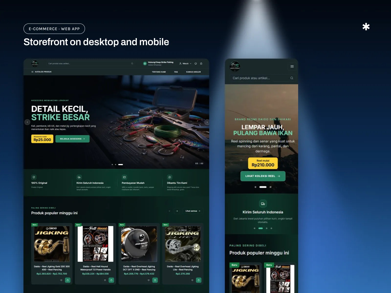 Deep Strike Fishing storefront on desktop and mobile: hero slide, store promises and popular products