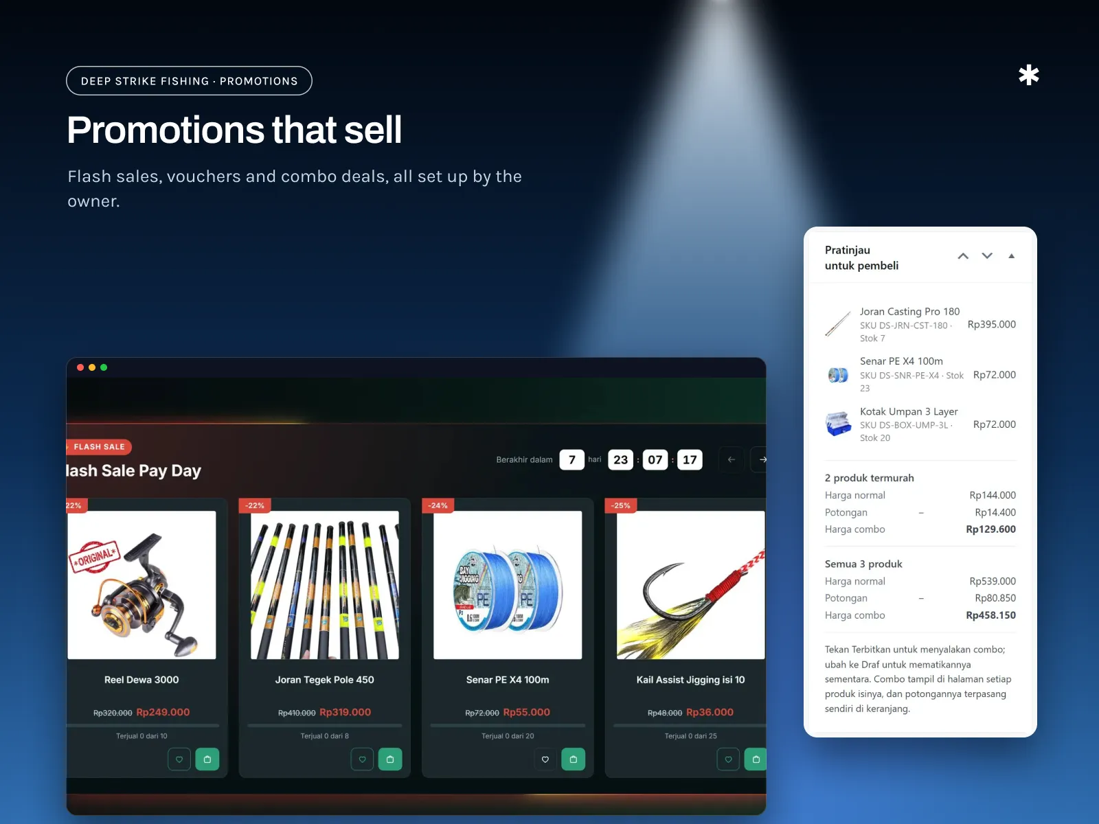 A flash sale with countdown and discounted products, next to the combo-deal buyer preview