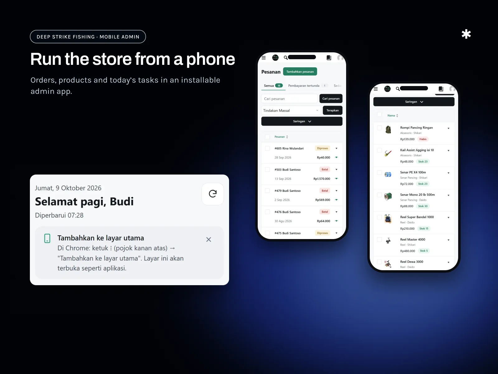 The admin app on a phone: today’s greeting, the order list with statuses, and products with stock levels